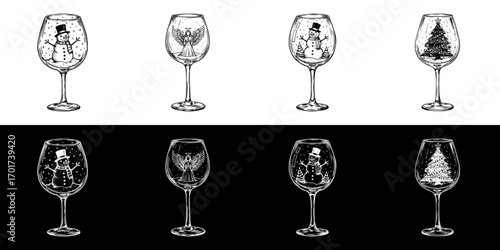 Seamless border in the form of glasses like snow globes with a snowman, angel, and Christmas tree, set of images, isolated vector image, two design options on transparent and black backgrounds, pencil