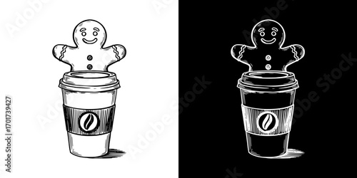 Gingerbread man peeking out from behind a disposable coffee cup, isolated vector image, two design options on transparent and black backgrounds, pencil drawing, chalk drawing
