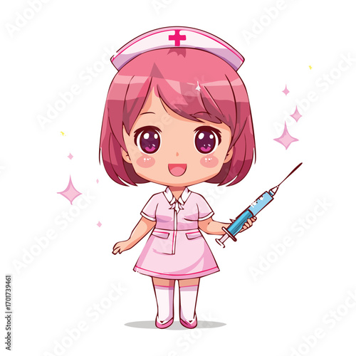 Cute Anime Girl Nurse with Pink Uniform and Syringe - AI Generated