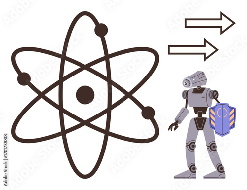 Atom diagram, humanoid robot holding a shield, and flow arrows symbolize innovation, physics, robotics, and progress. Ideal for technology, artificial intelligence, research engineering education