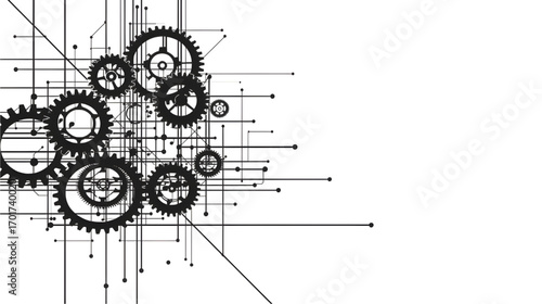 Abstract black and white vector illustration of an intricate gear system symbolizing technology, engineering, and connectivity