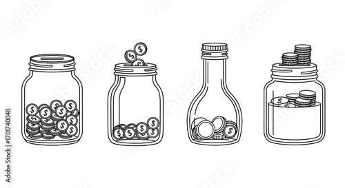 Four glass jars filled with assorted items offering abundance and storage solutions vector