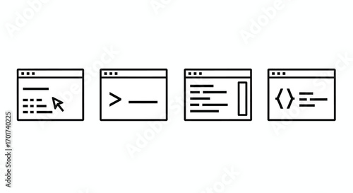 Four stylized digital interface windows representing code development and system interaction vector