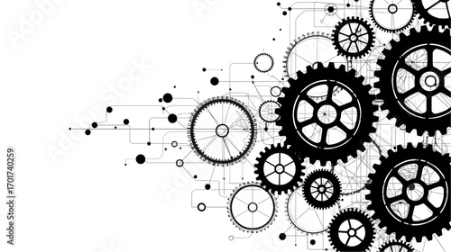 Abstract illustration of a complex mechanical gear system with digital network connections on a white background