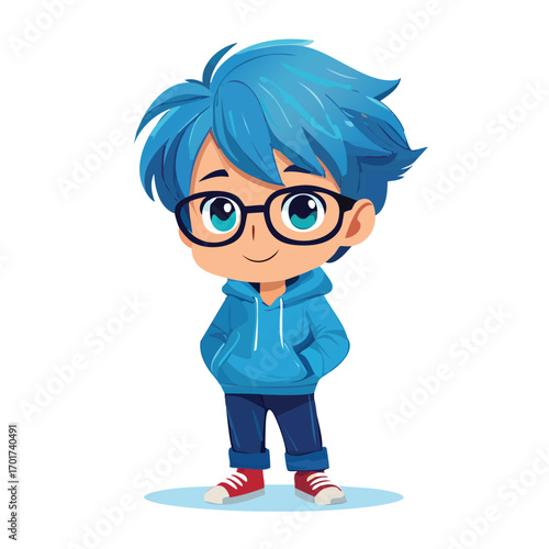 Cute Shy Anime Boy with Glasses in Blue Hoodie - AI Generated