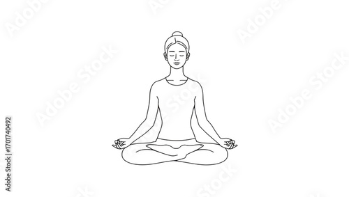 Vector line art illustration of a woman meditating in a yoga lotus pose for mindfulness and spiritual balance
