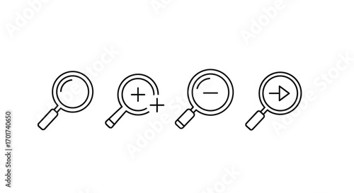 Four hand drawn magnifying glass icons representing search zoom in zoom out and navigation actions vector