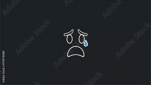 Simple line art icon of a sad crying face with a single teardrop, expressing grief and sorrow on a dark background