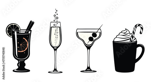 Set of four hand drawn festive holiday drink illustrations for celebrations and winter season vector