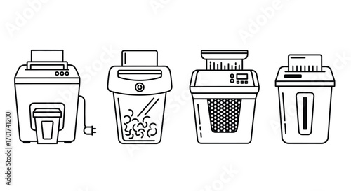 Set of four different document shredder machine icons with various styles and designs vector