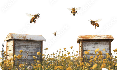Several bees flying around two old wooden beehives in a field of yellow flowers, isolated on transparent background