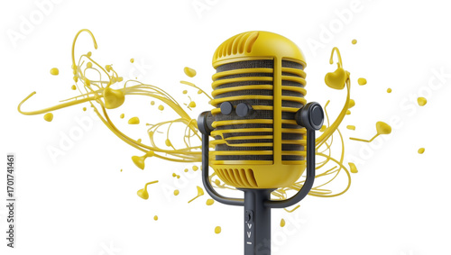 Golden vintage microphone with abstract yellow swirls and bubbles symbolizing sound isolated on transparent background