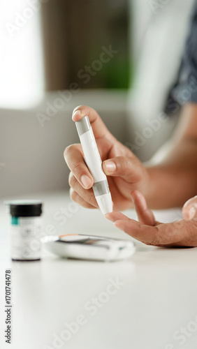 Close-up of a person using a lancet device to prick their finger for a blood glucose test, with a glucometer and test strips on the table.