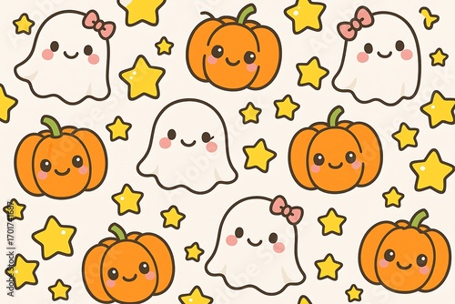 Cute Halloween themed pattern with smiling ghosts, pumpkins, and stars