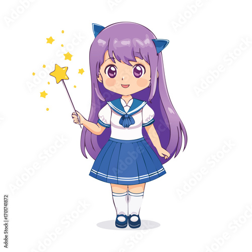 Cute Magical Anime Girl with Star Wand in Blue Outfit - AI Generated