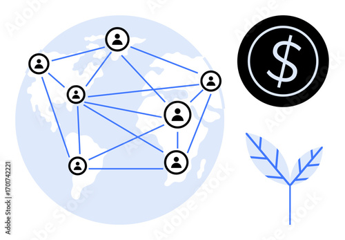 Network of connected people across a globe, dollar coin, and a leaf. Ideal for finance, global communication, teamwork, sustainability, economy collaboration environmental topics. Simple flat