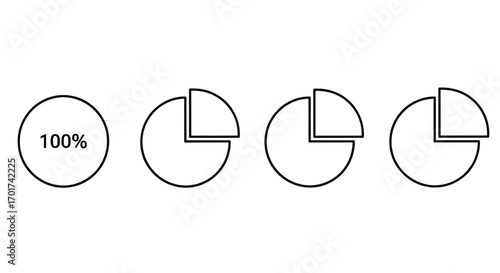 Pie chart progress stages showing decrease from complete 100 percent through partial segments vector
