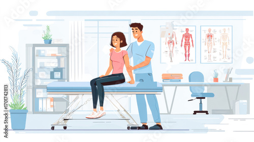 Physiotherapist assists female patient during rehabilitation session in modern clinic