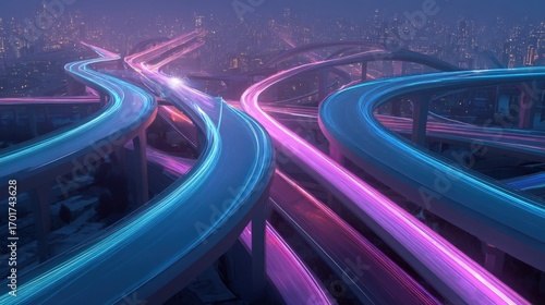 Wallpaper Mural Futuristic Highway at Night with Neon Lights, Transportation Concept, Urban Infrastructure, and Transportation Technology Torontodigital.ca