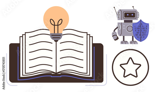 Open book with glowing lightbulb, robotic figure holding shield, and star symbol. Ideal for education, technology, knowledge, creativity, innovation protection and learning. Minimal simple flat