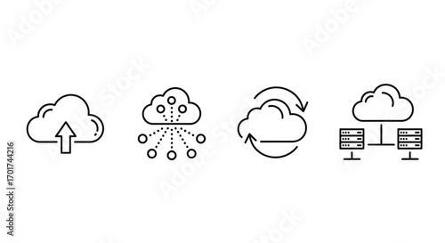 Cloud computing icons representing upload download sync and server connection technology concepts vector