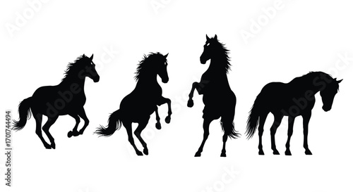 Dynamic horse silhouettes four majestic equines in motion showing power grace freedom vector