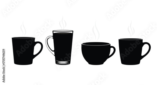 Collection of four black coffee cups and mugs silhouettes diverse styles and sizes for beverages vector