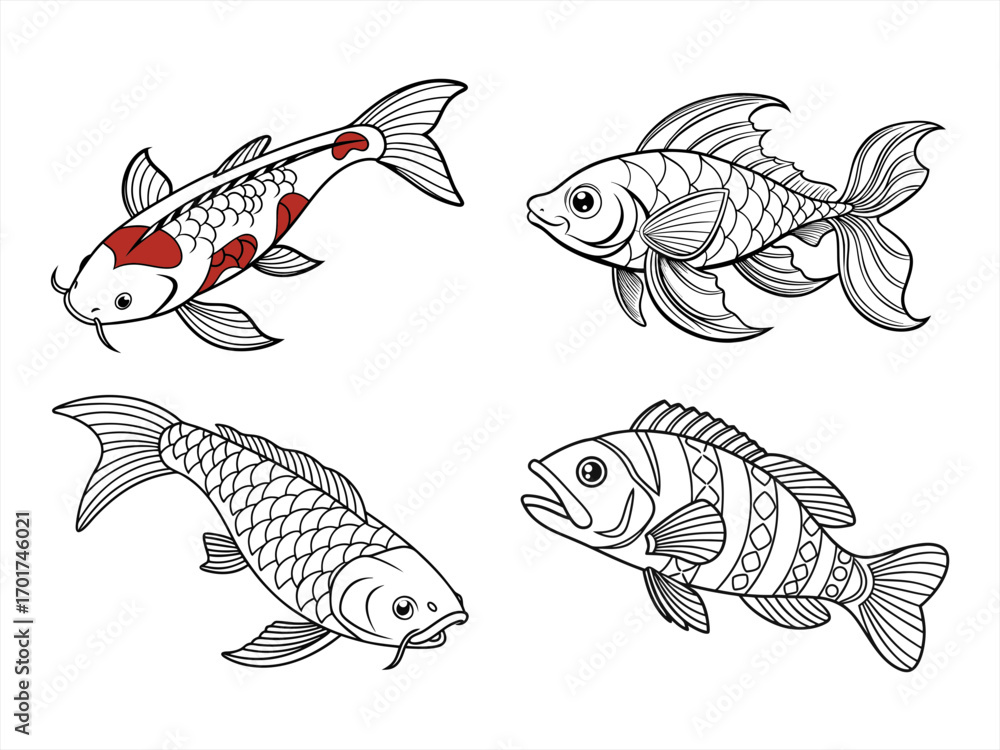 Fototapeta premium coloring page line art the fish black vector bundle