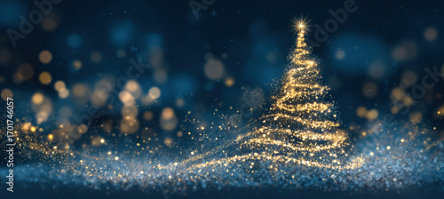 Glowing golden Christmas tree with star shines brightly against dark blue background, surrounded by sparkling lights and magical atmosphere, evoking festive joy and warmth
