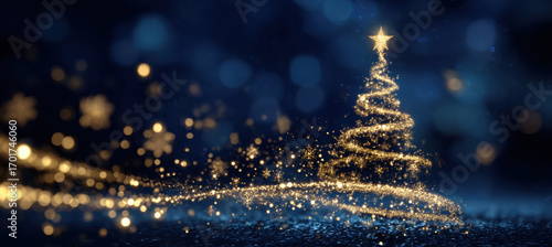 Glowing golden Christmas tree with star shines brightly against dark blue background, surrounded by sparkling lights and snowflakes, creating magical holiday atmosphere