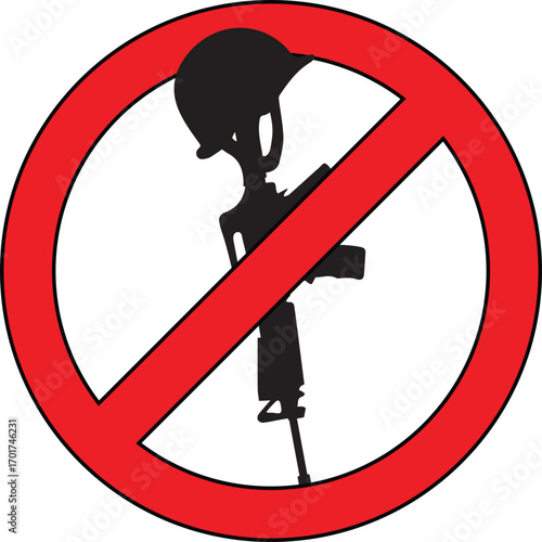 Stop War sign with soldier and rifle in red circle symbolizing peace, unity and hope for future generations