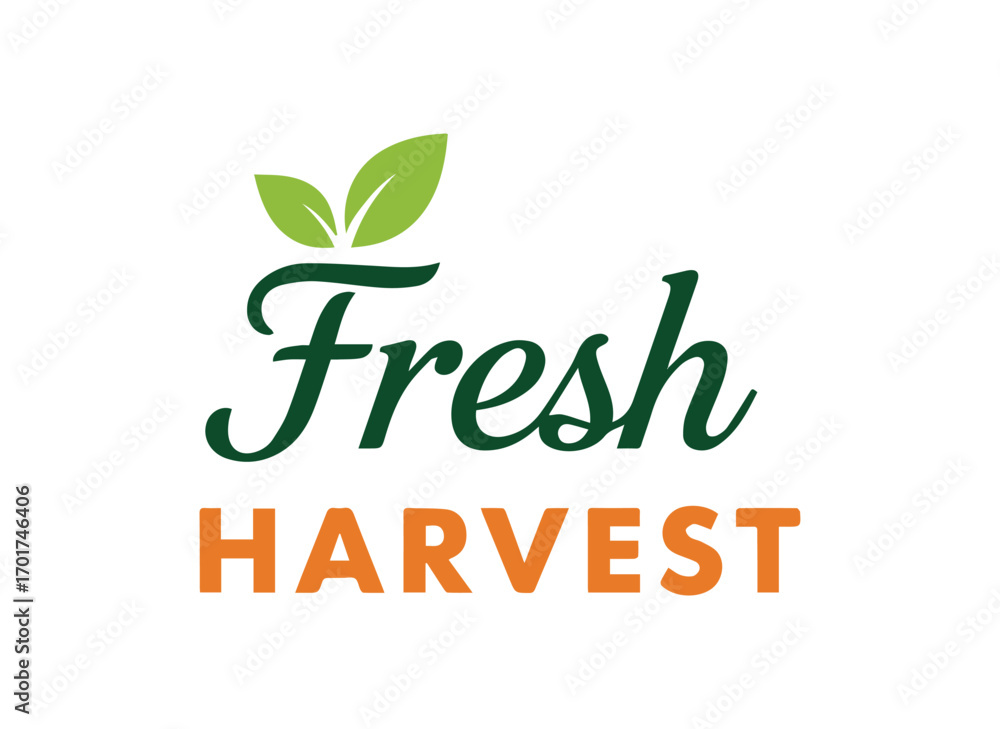 Fototapeta premium Fresh harvest logo with green leaves and orange text
