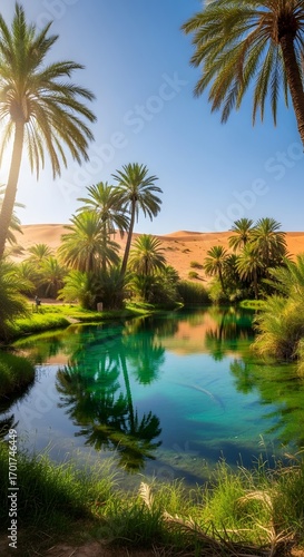 A stunning desert oasis paradise with vibrant green palm trees reflecting in a beautiful turquoise lagoon under a clear blue sky