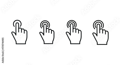 Set of four simplified hand cursor icons indicating touch and click actions for digital interfaces vector