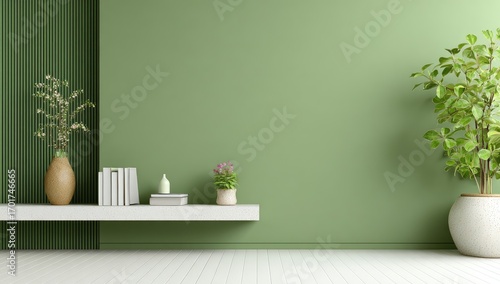 Modern minimalist interior design with green wall and potted plants.