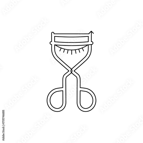 This minimalist line art icon depicts an essential beauty tool, an eyelash curler, designed to enhance the appearance of eyes with perfectly curled lashes.