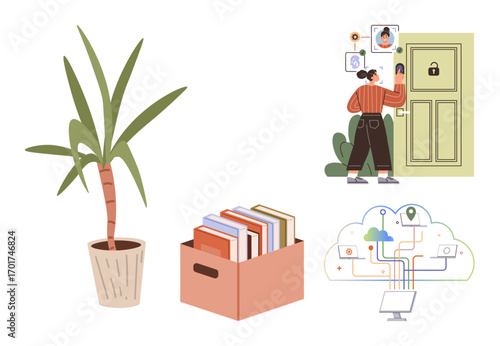 Woman using smart intercom to access door, palm plant in pot, stack of books in box, and cloud computing network diagram. Ideal for technology, security, communication, learning, data smart living