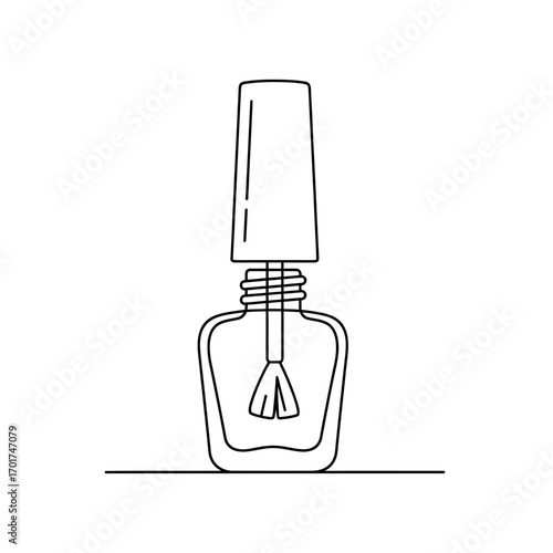 This minimalist line art illustration depicts an open bottle of nail polish with its applicator brush, perfect for beauty, fashion, and cosmetic design projects.