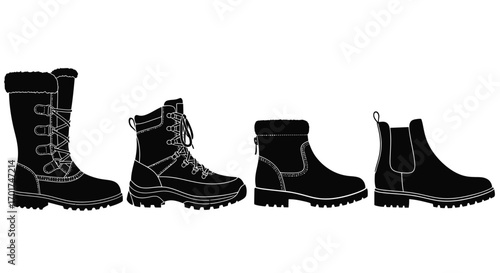Four distinct styles of black boots lined up on a showcase versatile footwear options vector