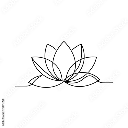 Elegant continuous line drawing of a lotus flower, a symbol of purity, beauty, and spiritual growth, perfect for modern design concepts.