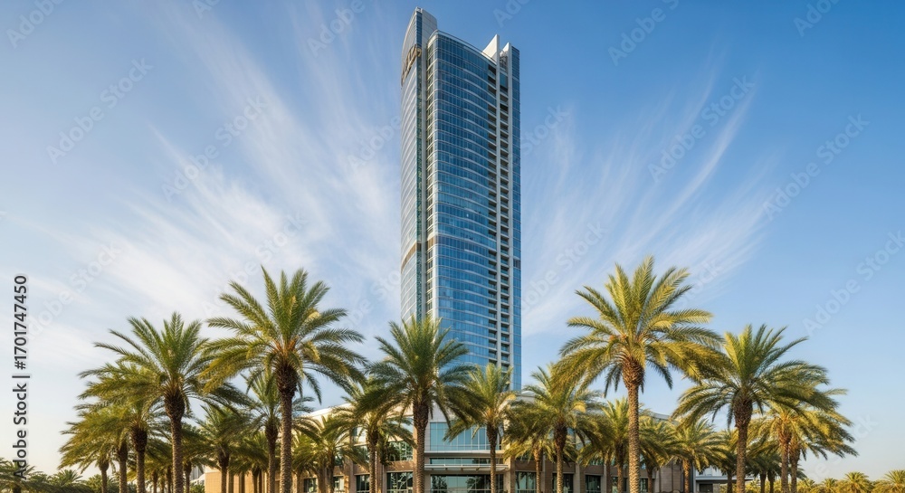 Naklejka premium A modern glass skyscraper stands tall against a blue sky with wispy clouds surrounded by a multitude of vibrant green palm trees in the foreground