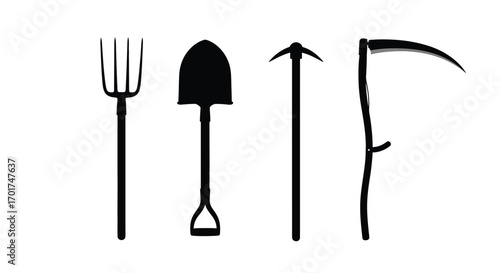 Collection of four iconic agricultural farming and gardening tools silhouette images vector