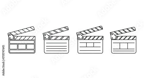 Set of four clapperboards showing different stages of opening and closing for film production vector