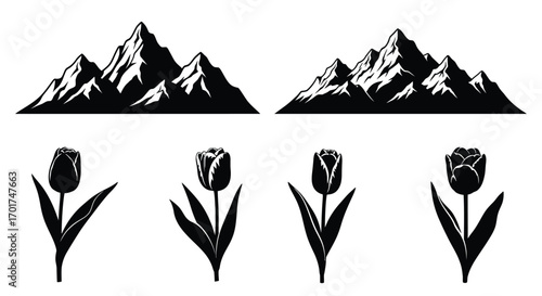 Silhouette mountain range and tulip flowers graphic elements nature scenery and botany collection vector