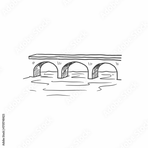 Hand-drawn sketch of a simple stone bridge spanning a calm river, featuring three arched supports.