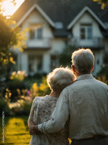 Embracing Golden Years: A heartwarming image of a senior couple embracing in a moment of shared joy and anticipation, gazing upon their dream home bathed in the warm glow of the sunset. 