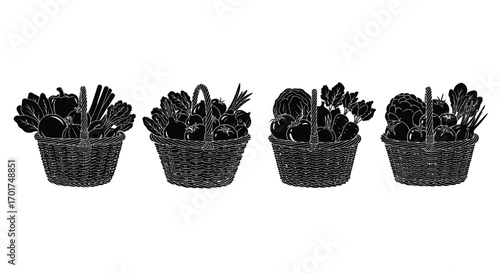 Four wicker baskets filled with dark flowers and greenery isolated vector
