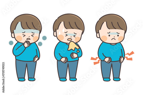 体調不良の男の子のイラスト（吐き気・嘔吐・腹痛）