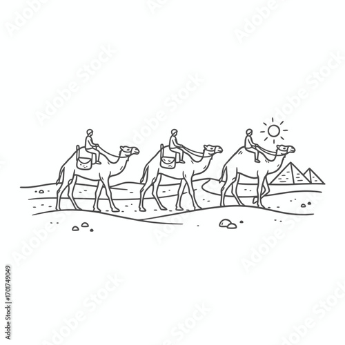 Three camels with riders travel across a desert landscape towards pyramids under a shining sun.