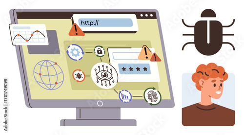 Computer screen displaying security alerts, malware icons, and user identity against a global data context. Ideal for technology, online safety, hacking, data protection, cybersecurity, internet